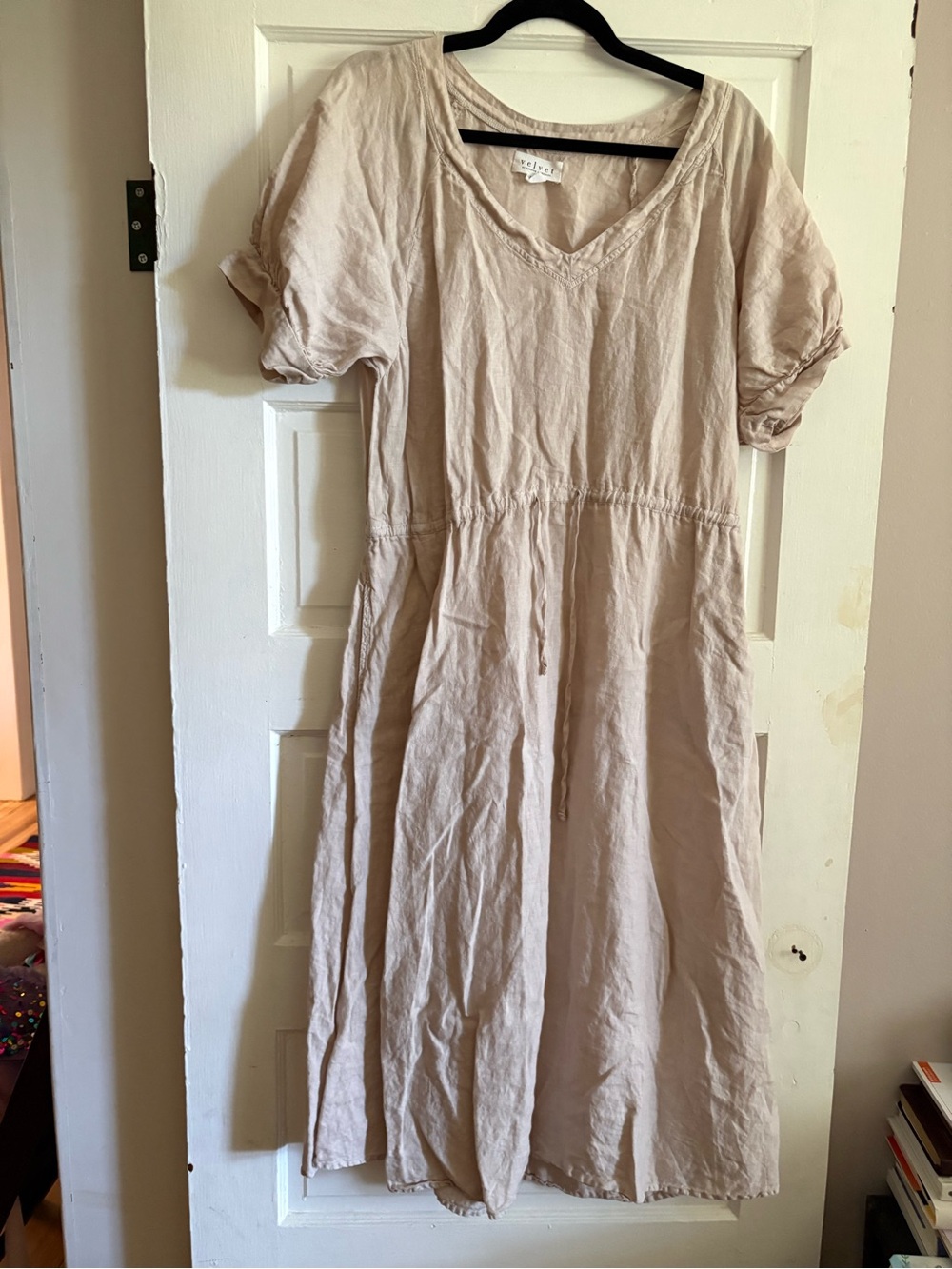 Velvet by Graham & Spencer Cream V-Neck Drawstring linen Midi Dress Xanax